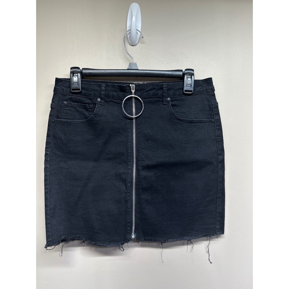 Monkey Ride Jeans Black Denim Skirt Zipper Ring Fringe Womens‎ Size Medium Y2K